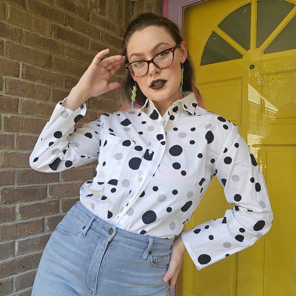 Black & White Polka Dot Vintage Fragile Button Up Shirt Blouse